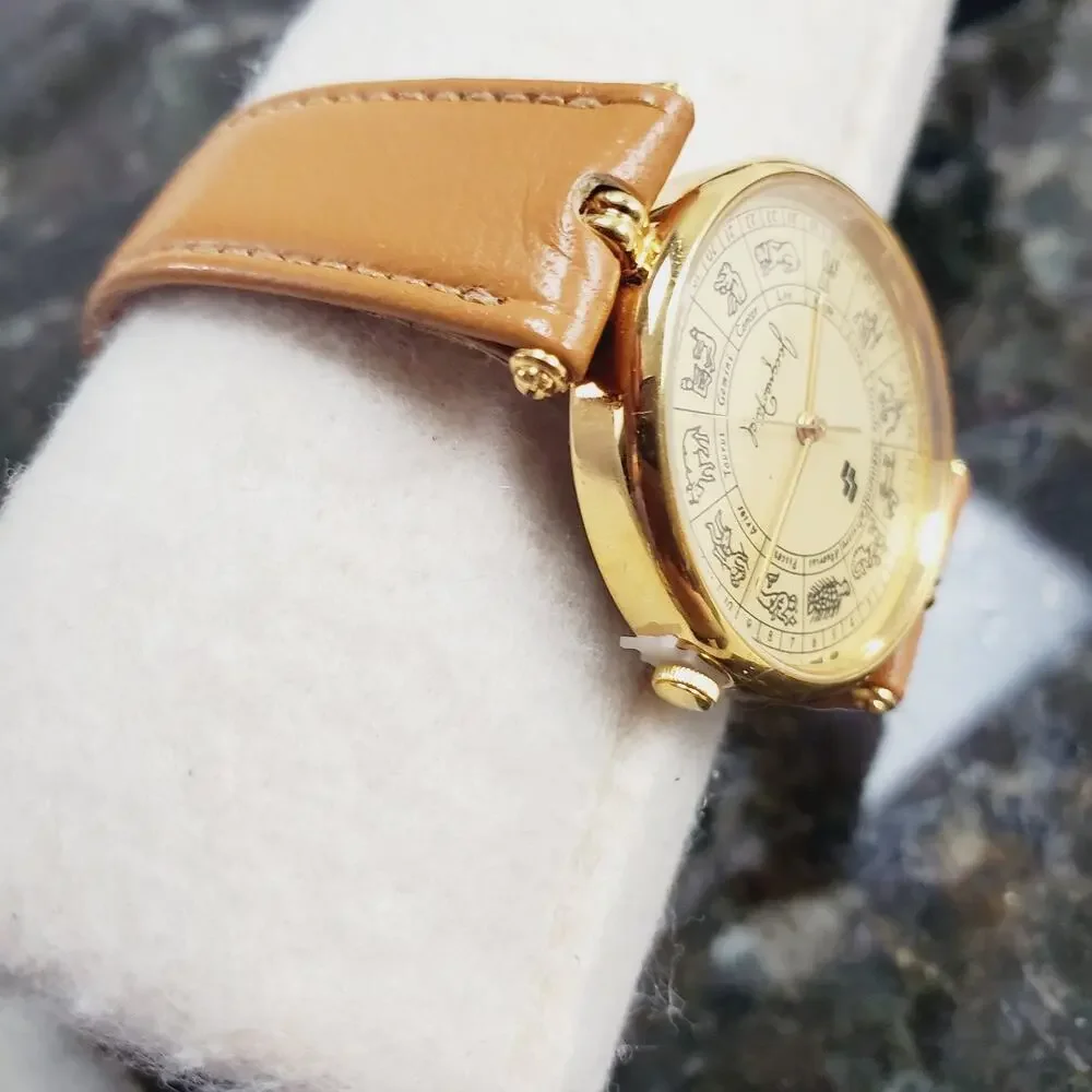 Jacques Farel Swiss Watch Zodiac Vintage 70s Women's Tan & Gold Tone New Battery